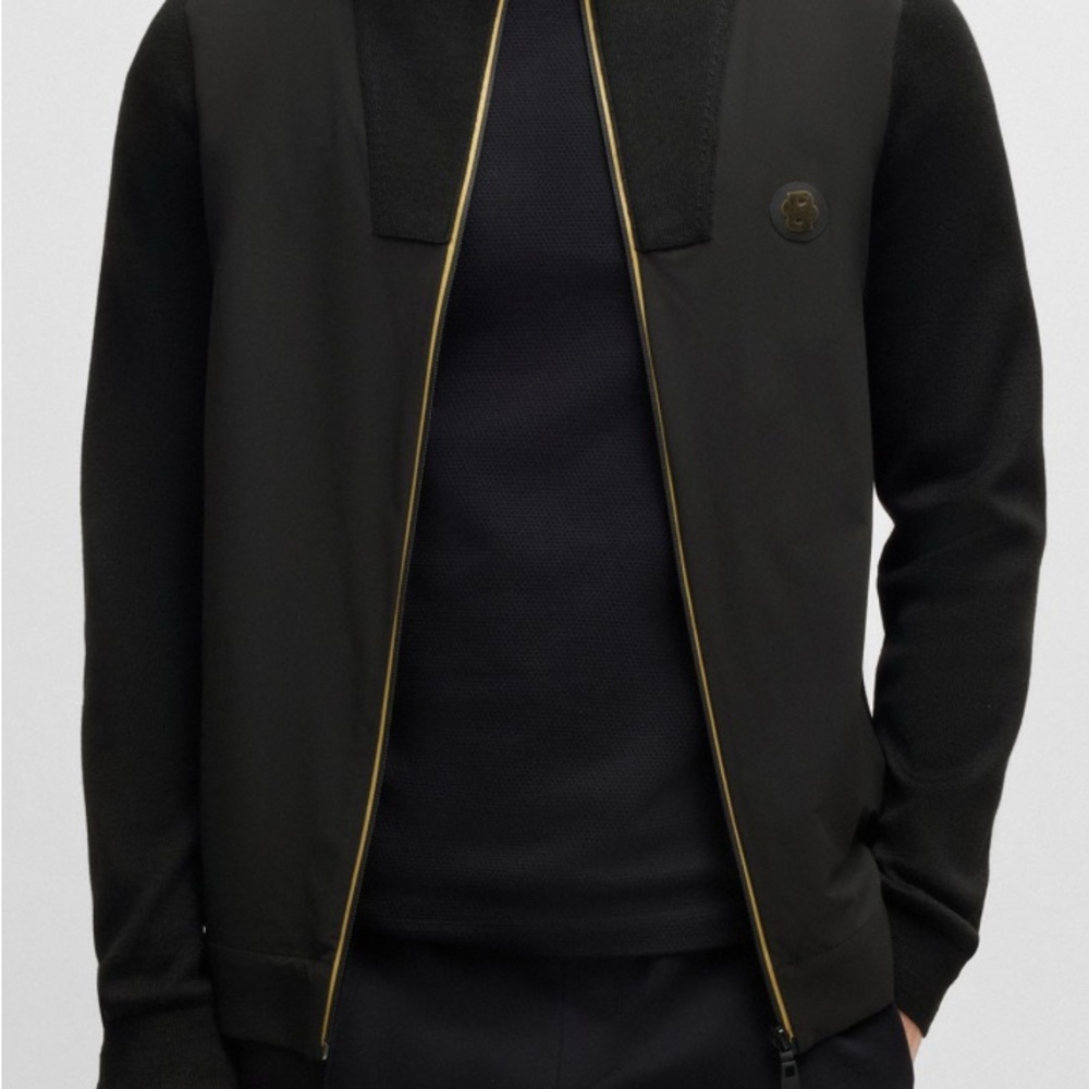 BOSS Men's Black Full Zip Sweater With Gold Accents
